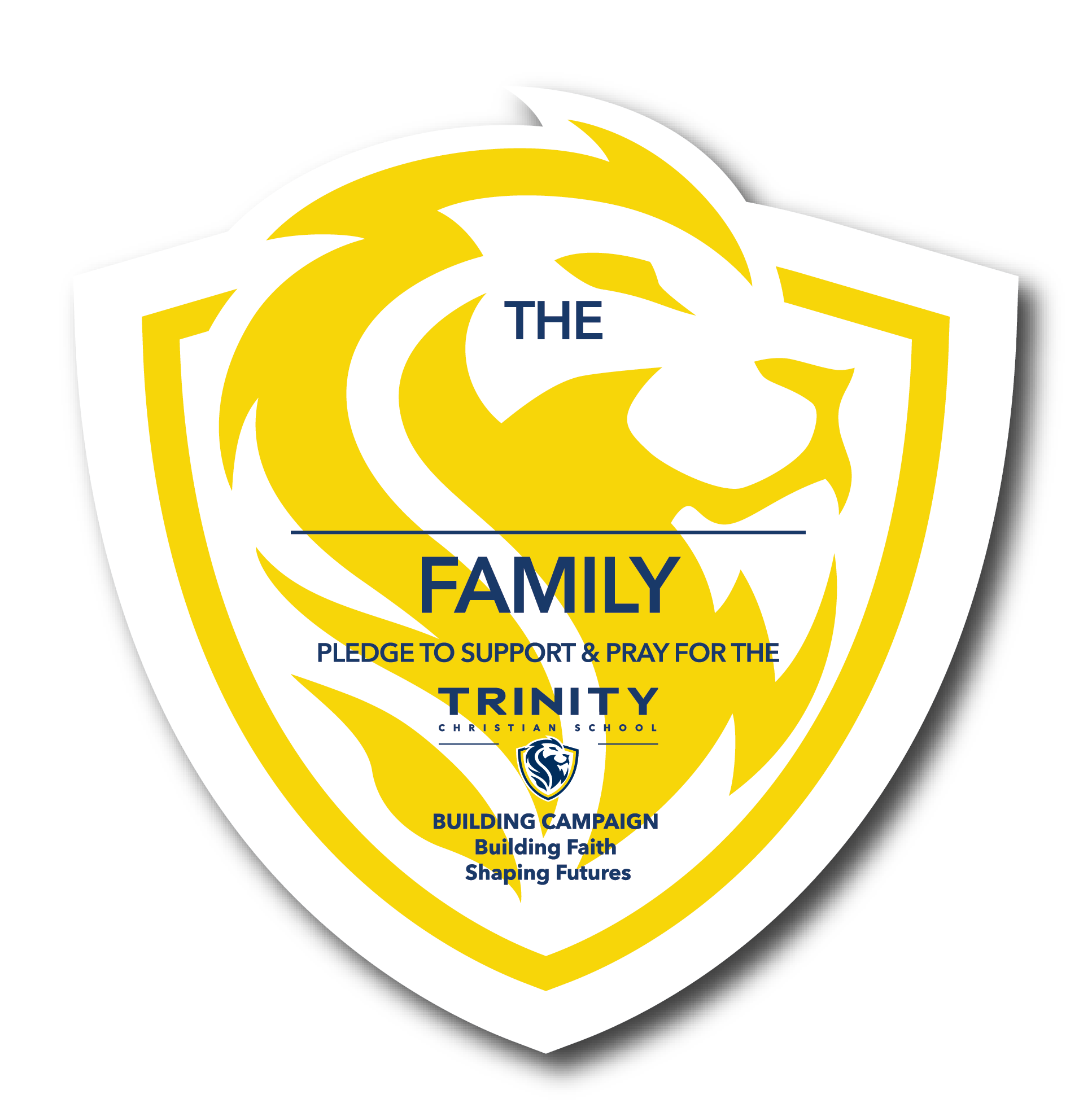 Logo of Trinity Christian School featuring a lion's head inside a shield with yellow and white colors, and text supporting the school's building campaign.
