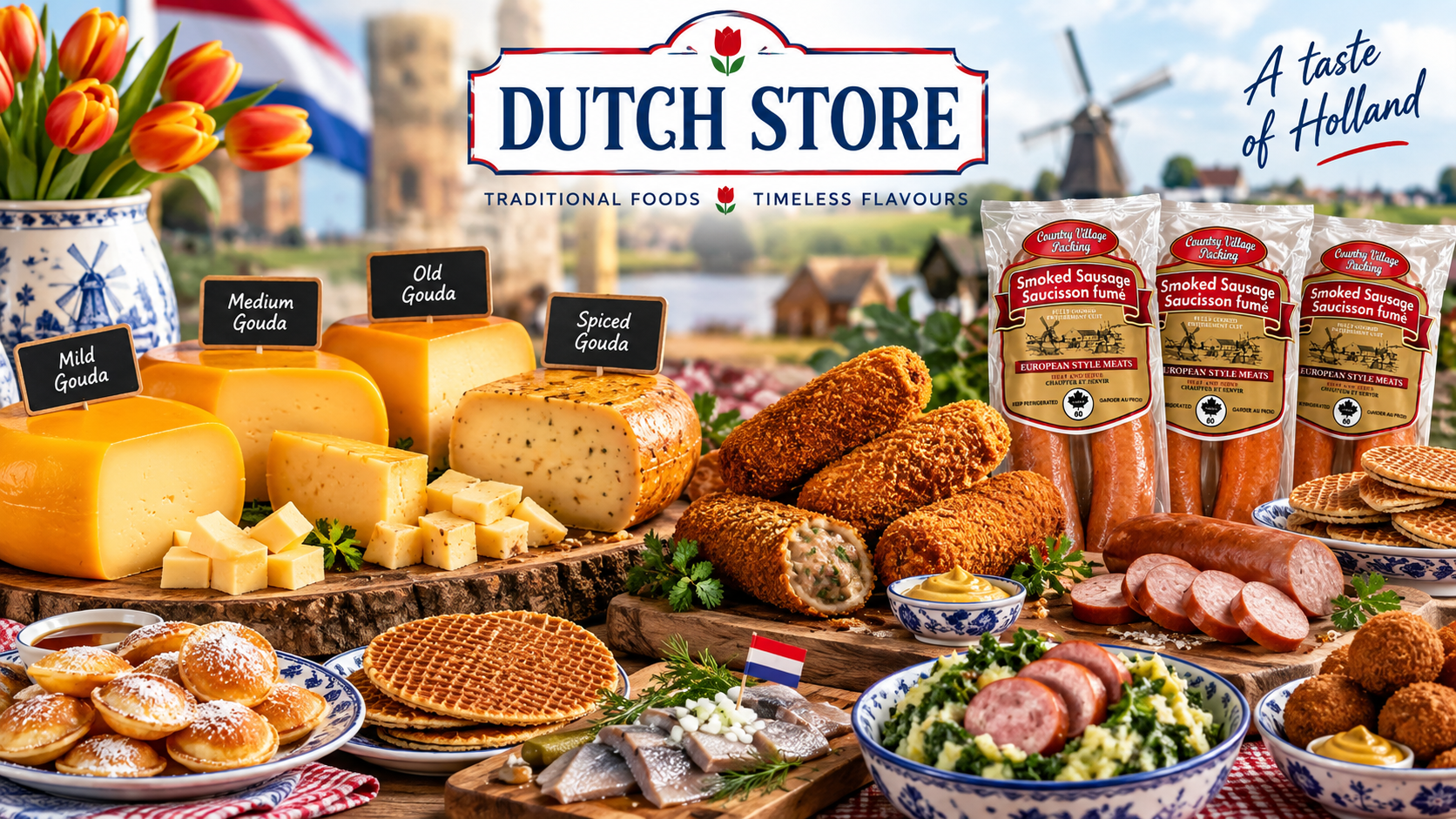 A spread of Dutch Dutch foods including various types of Gouda cheese, smoked sausages, falafel, salad, and waffles, with a backdrop of a Dutch landscape featuring a windmill and tulips.
