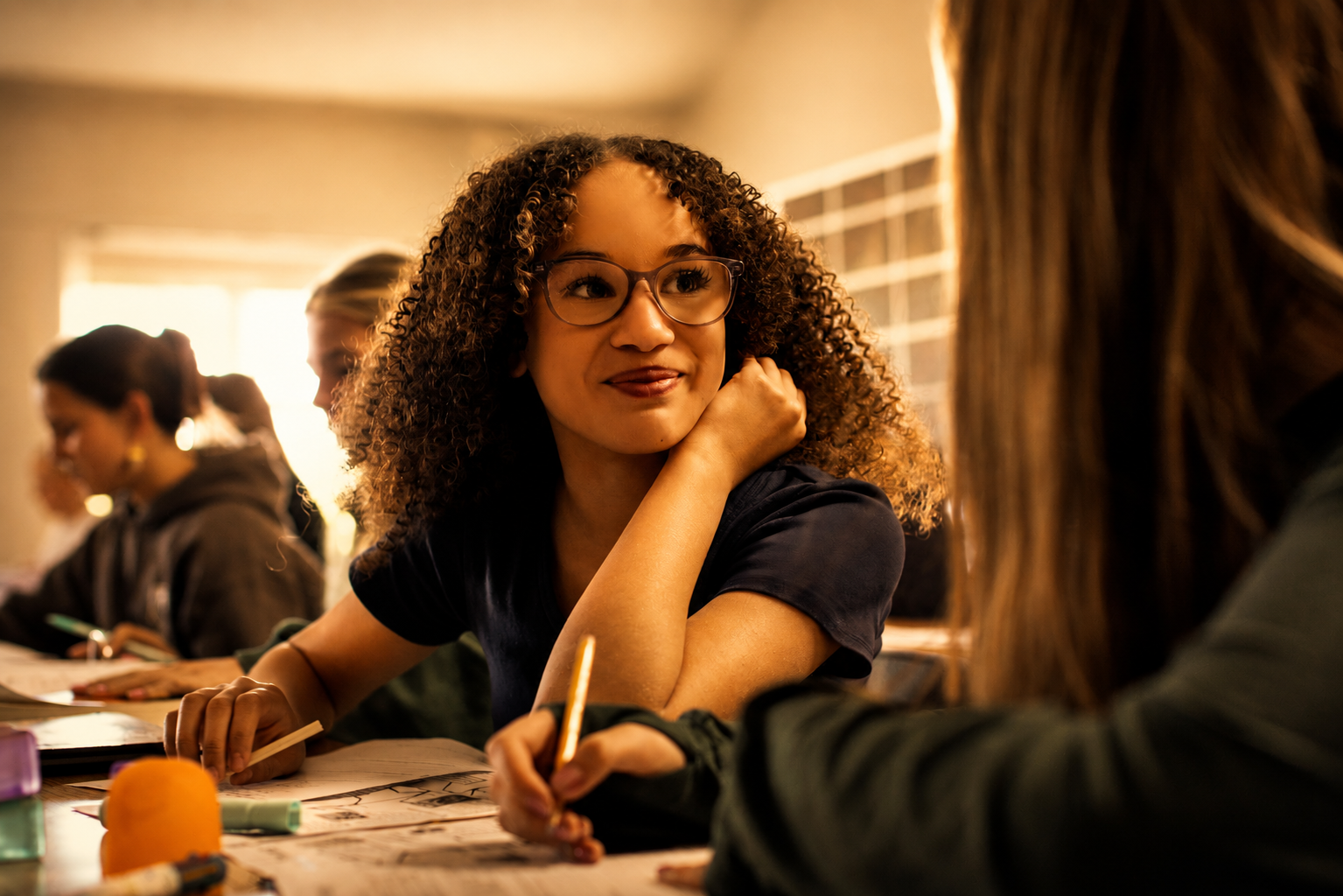 A young woman with curly hair and glasses smiling and looking at another person in a classroom setting.