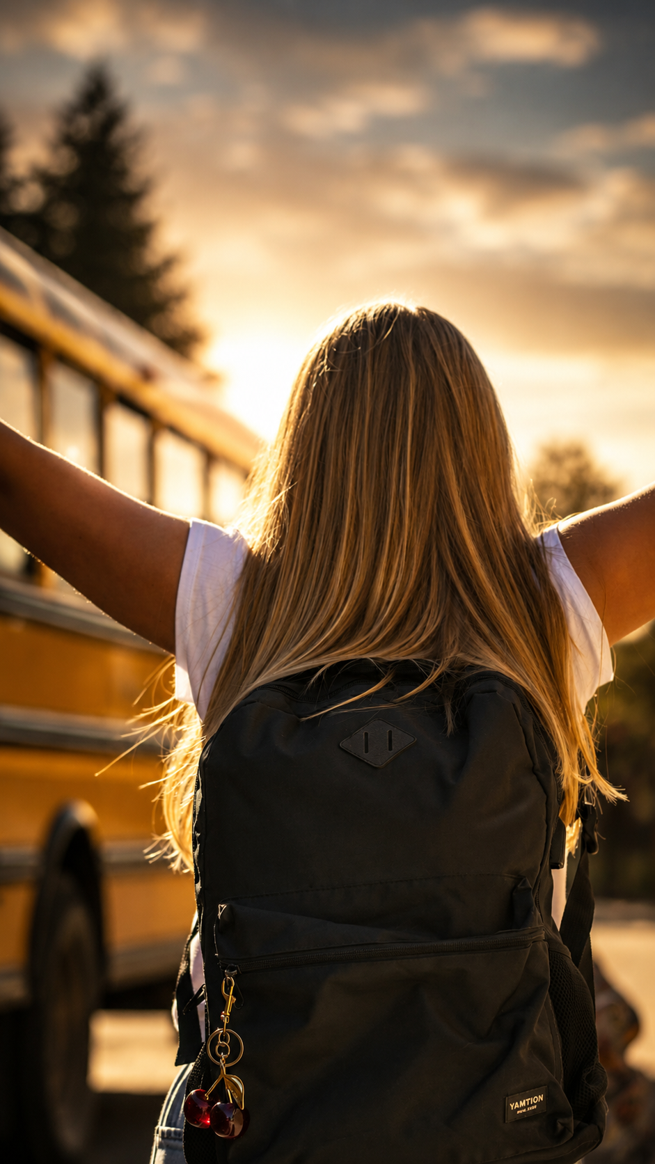 Student excited to go to Trinity Christian School. Grade 5 student. School bus in background