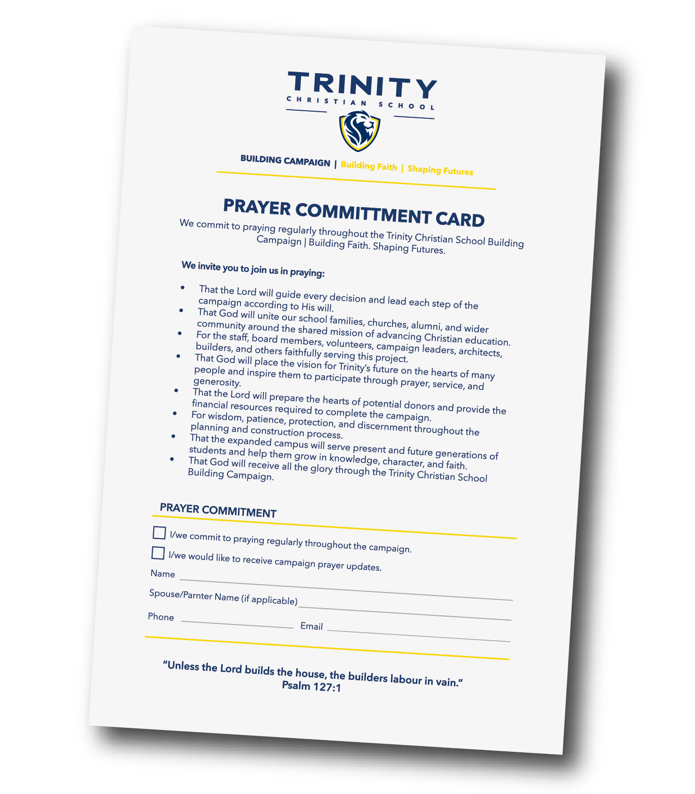A prayer commitment card from Trinity Christian School with the school's logo at the top and a Bible verse at the bottom. The card includes a list of prayer points and checkboxes for commitments.