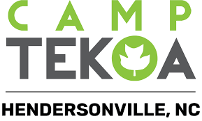 Logo for Camp TEKOA in Hendersonville, North Carolina, with green and gray text and a leaf icon.