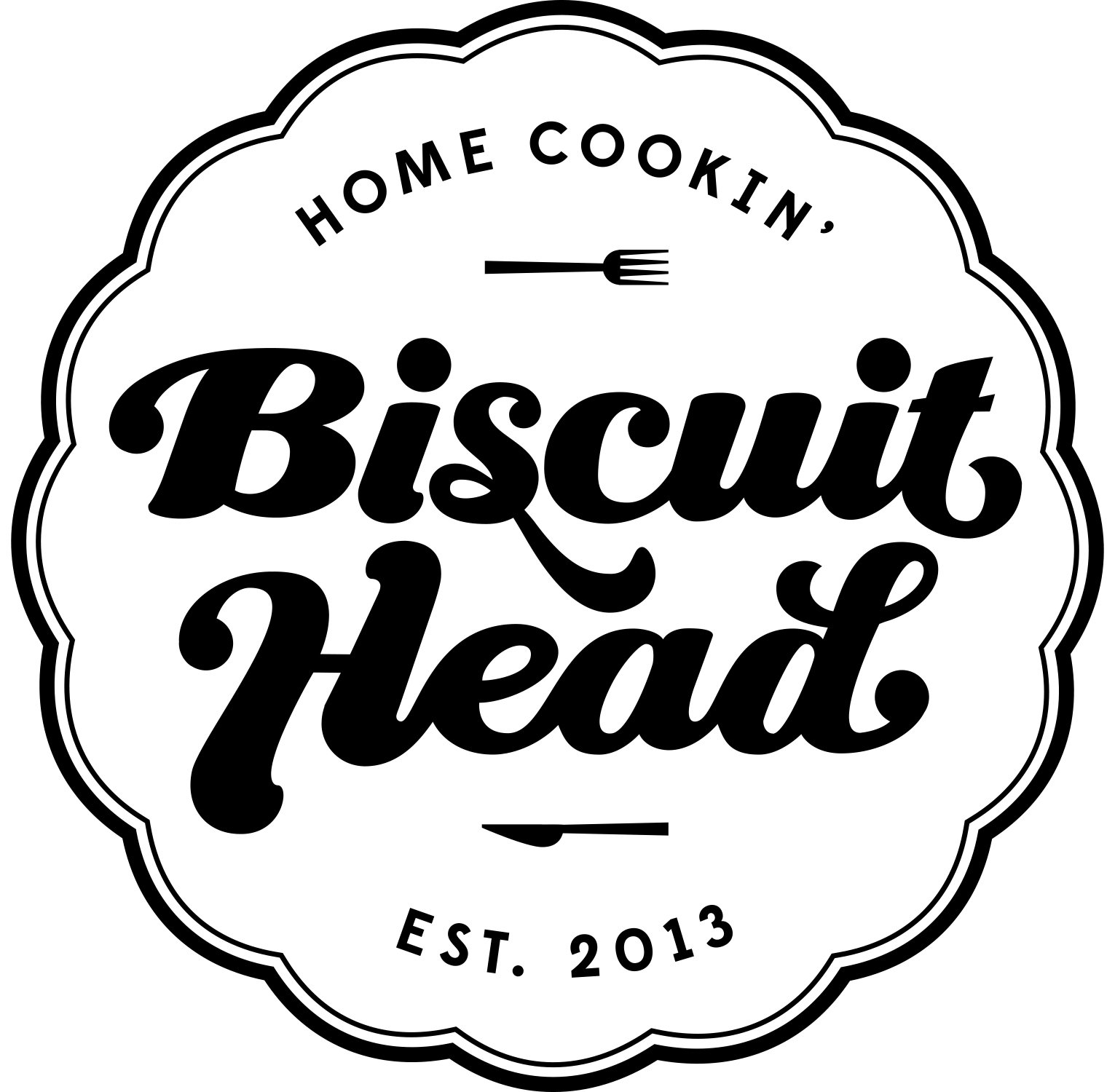 Logo for Biscuit Head, a home cooking restaurant established in 2013, featuring a scalloped border, fork icon, and stylized text.