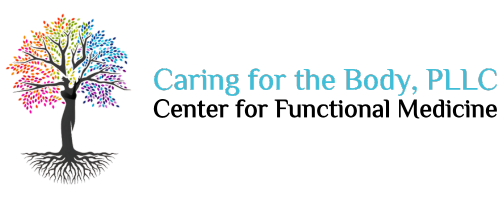 Logo for a company called 'Caring for the Body, PLLC' featuring a colorful tree with pink, yellow, green, and blue leaves.