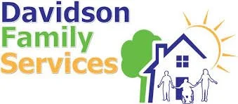 Logo for Davidson Family Services featuring a house, a tree, and two people holding hands with a sun in the background.