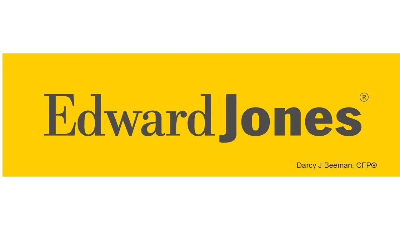 Yellow and white banner with the name 'Edward Jones' in large gray and black text, and the name 'Darcy J Beeman, CFP®' in smaller text at the bottom right corner.