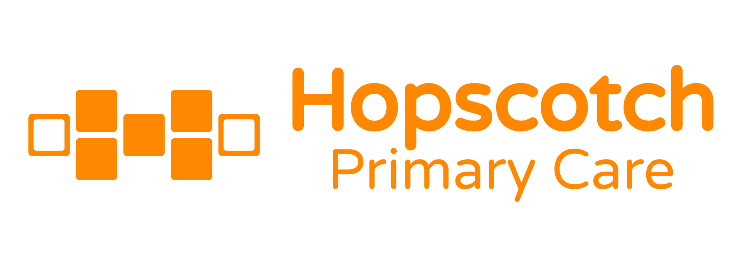 Logo of Hopscotch Primary Care with an orange abstract symbol and orange text on a black background.