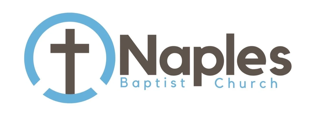 Logo for Naples Baptist Church with a stylized cross inside a blue circle to the left and the words "Naples Baptist Church" to the right.
