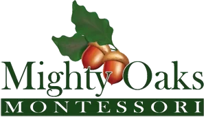Logo for Mighty Oaks Montessori with holly and acorns design