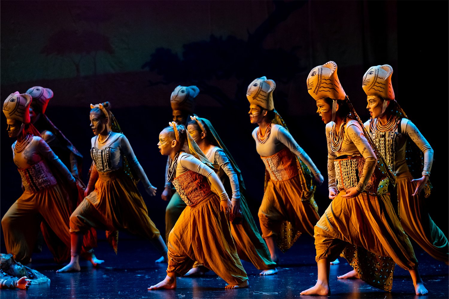 Lionesses from "The Lion King JR" musical stand waiting to pounce on a gazelle. Dance, sing, act with The PACA. High-quality theatrical productions and a world-class school of the arts. Timon, Pumbaa, Nala, Simba, and Mufasa shine on the stage. Our S