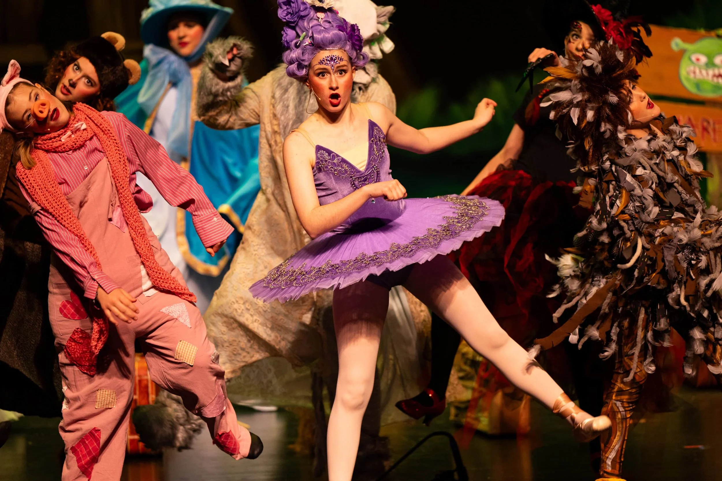 A group of actors in colorful costumes performing on stage, including a ballerina in a purple tutu at the center, surrounded by characters dressed as animals and other whimsical figures.