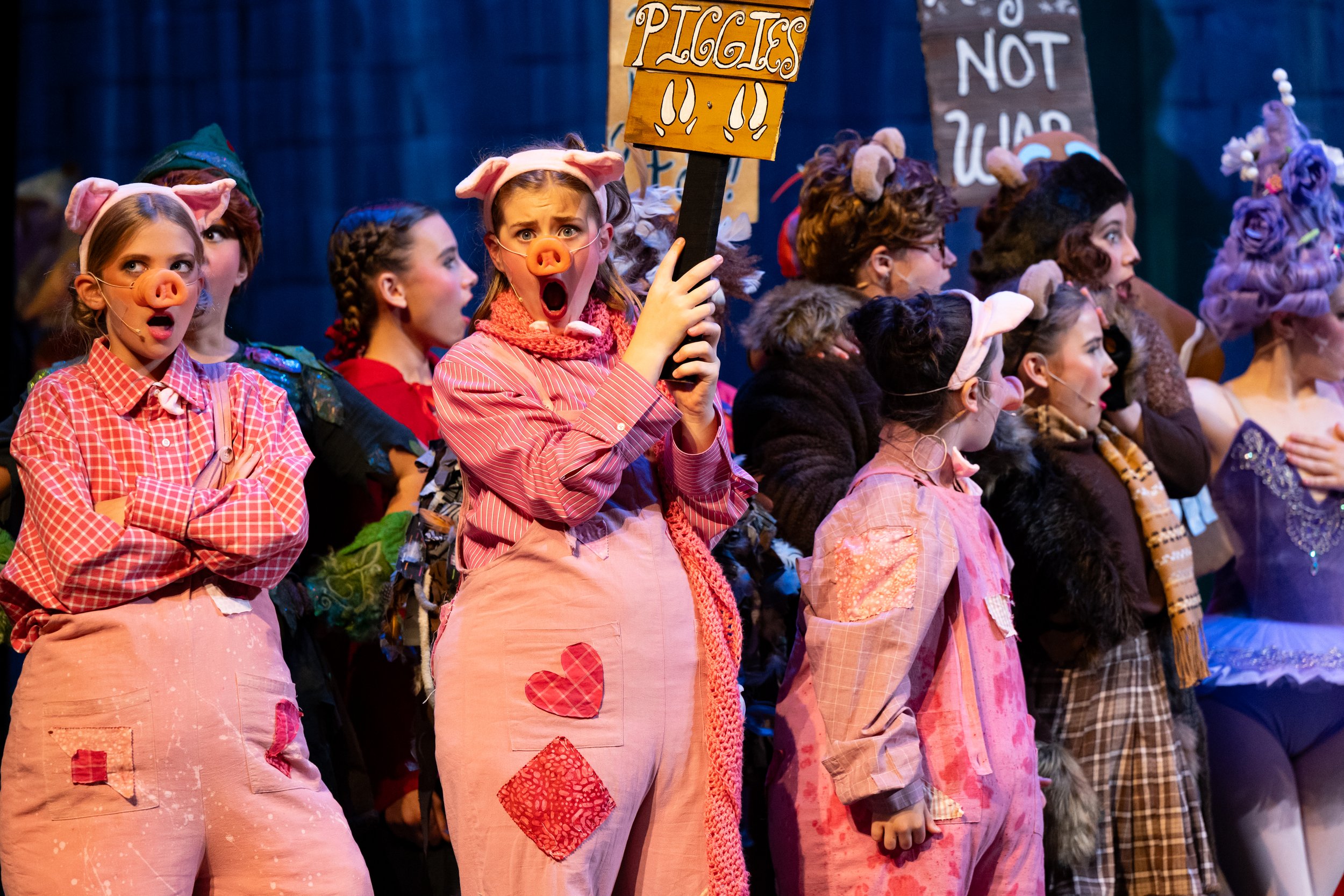 The three little pigs in "Shrek the Musical JR". onstage at The Wortham Center for the Arts in Downtown Asheville. Performed with Asheville Junior Theater, AJT. Storybook characters from Shrek crash the wedding of Lord Farquaad and Fiona. Gingy, the 