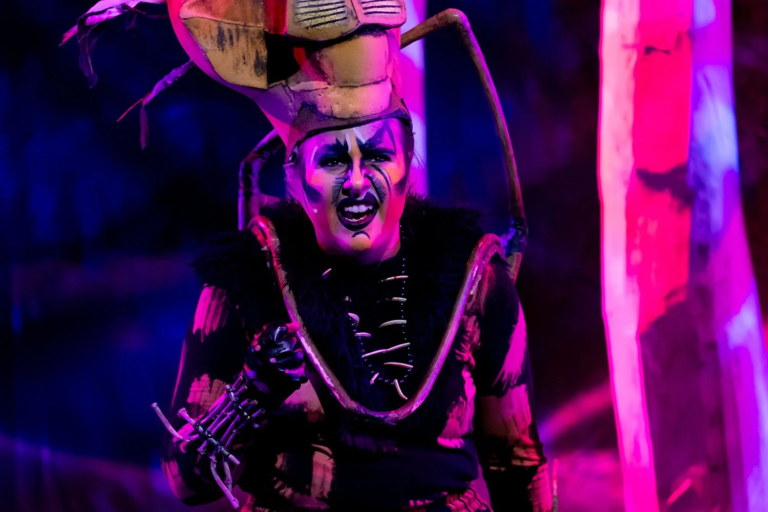 The Lion King JR, Scar, stage makeup, Mufasa, performing arts, sing, act, dance, junior, musical theater, pre-professional, stage, Asheville Junior Theater, AJT, PACA, The Performing Arts Company of Asheville, Be Prepared, hyena, costume design,