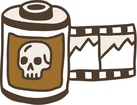 A film canister with a skull symbol and a strip of film for Desert Dog Films Bend Oregon video production company