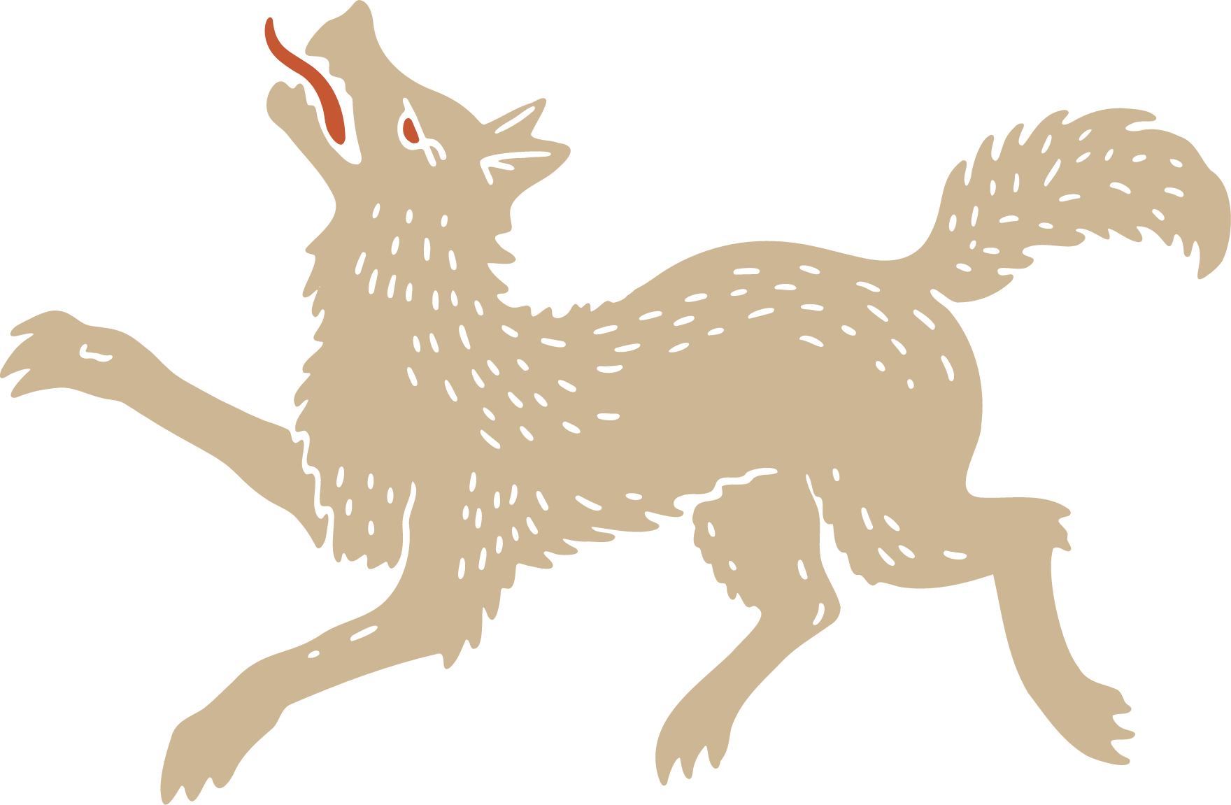 Illustration of a howling wolf with beige fur and red tongue on a black background for Desert Dog Films Bend Oregon video production company