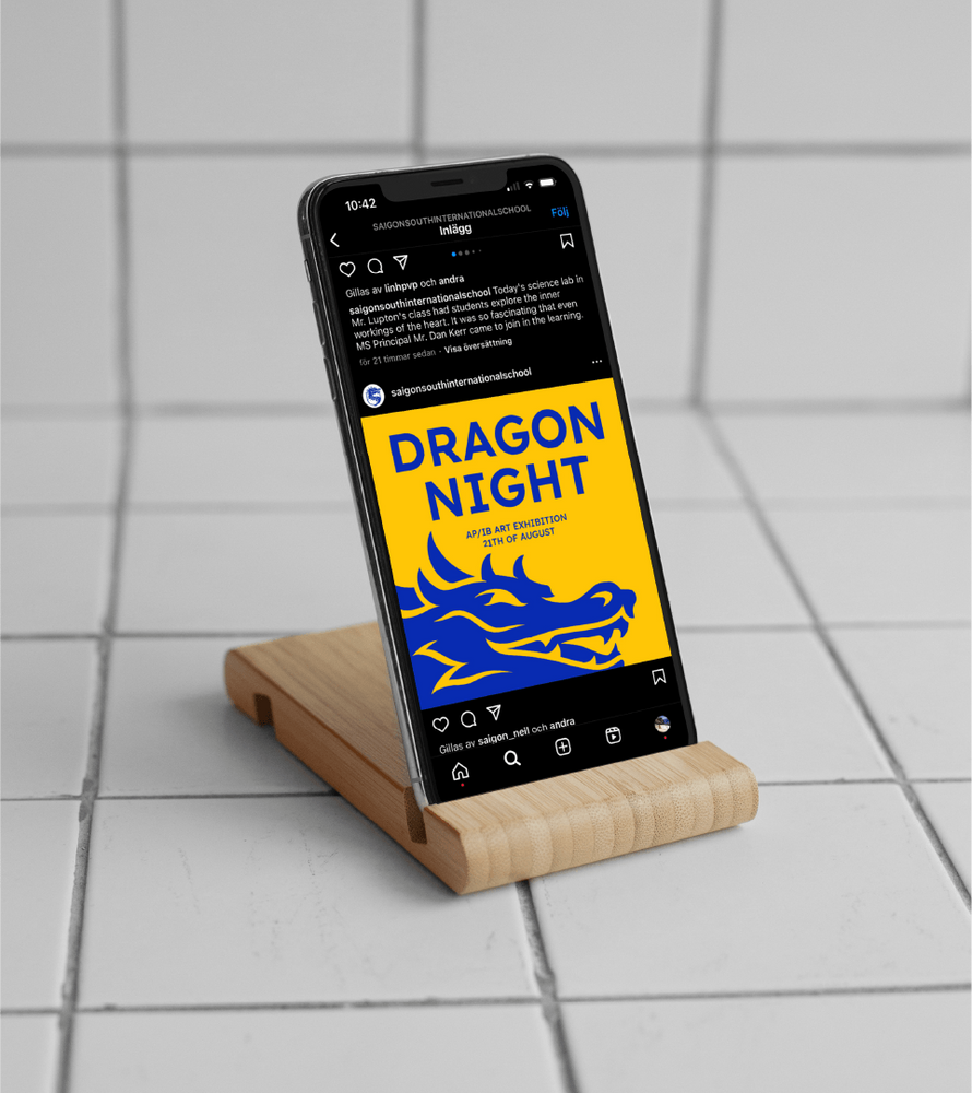 Instagram post on smartphone screen promoting 'Dragon Night' art exhibition on August 23rd, with a blue dragon logo on a yellow background.