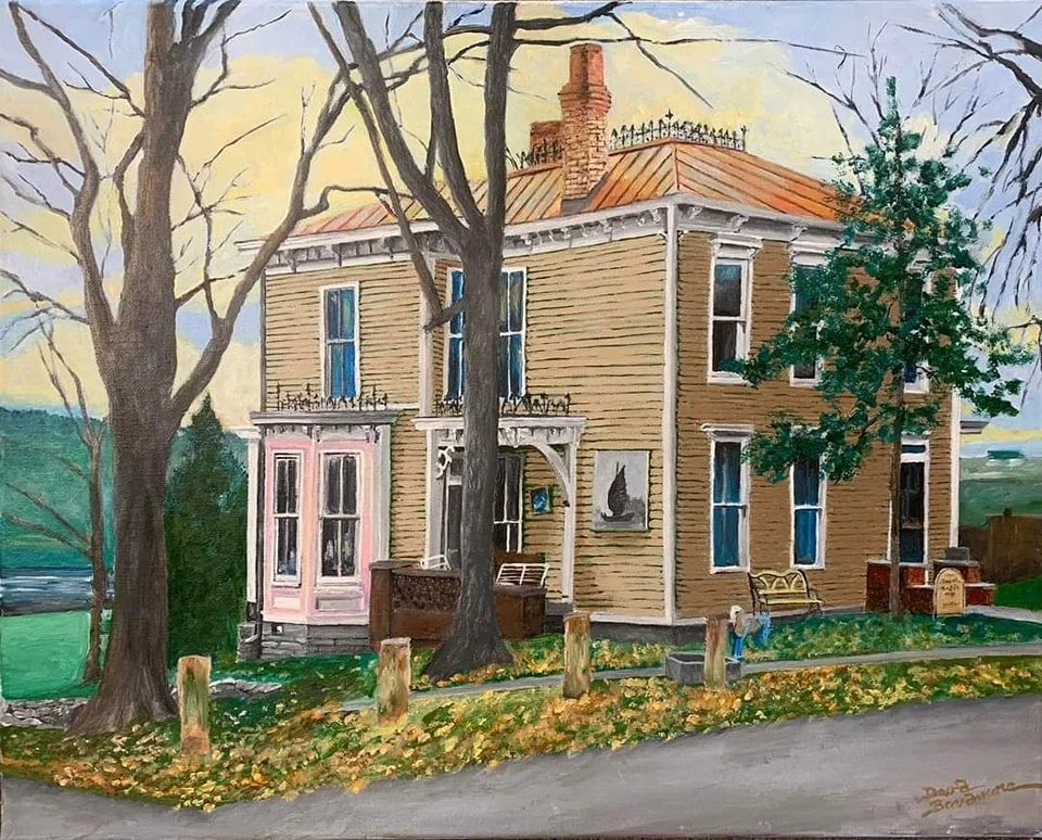 Painting of a two-story house with yellow siding, white trim, and a red metal roof, surrounded by trees and a road in the foreground.