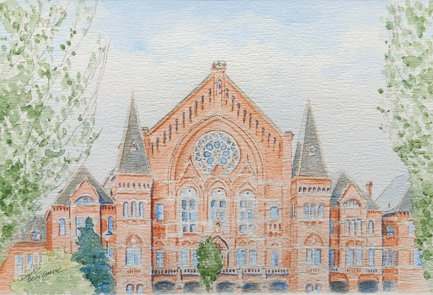 A watercolor painting of a large historic brick church with Gothic architecture, including pointed arches, a large circular stained-glass window, and tall spires, surrounded by trees.