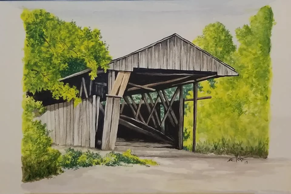 Watercolor painting of an old wooden barn with a partially open doorway, surrounded by green trees and bushes.