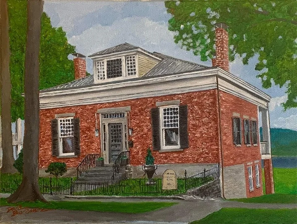 Painting of a historic brick house with black shutters, surrounded by green trees and grass, featuring a front door with steps and a small yard.