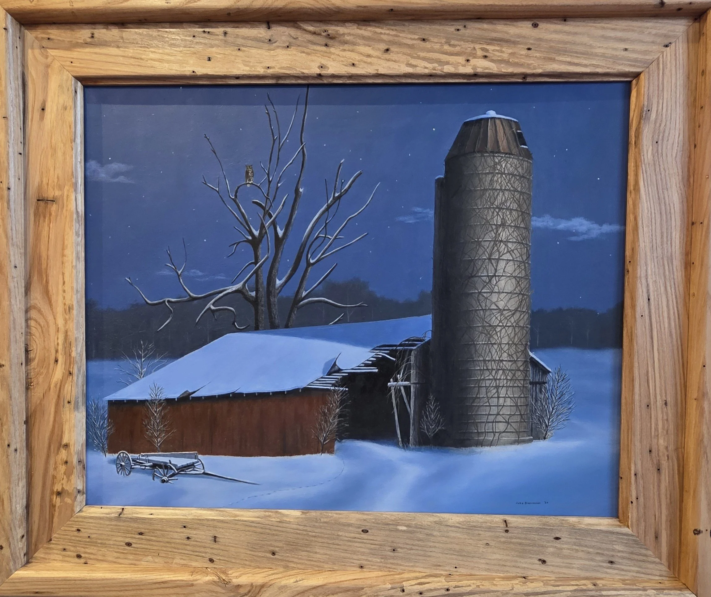 A painting of a snowy farm scene at night showing a barn, a silo, a leafless tree with an owl, and a horse-drawn cart.
