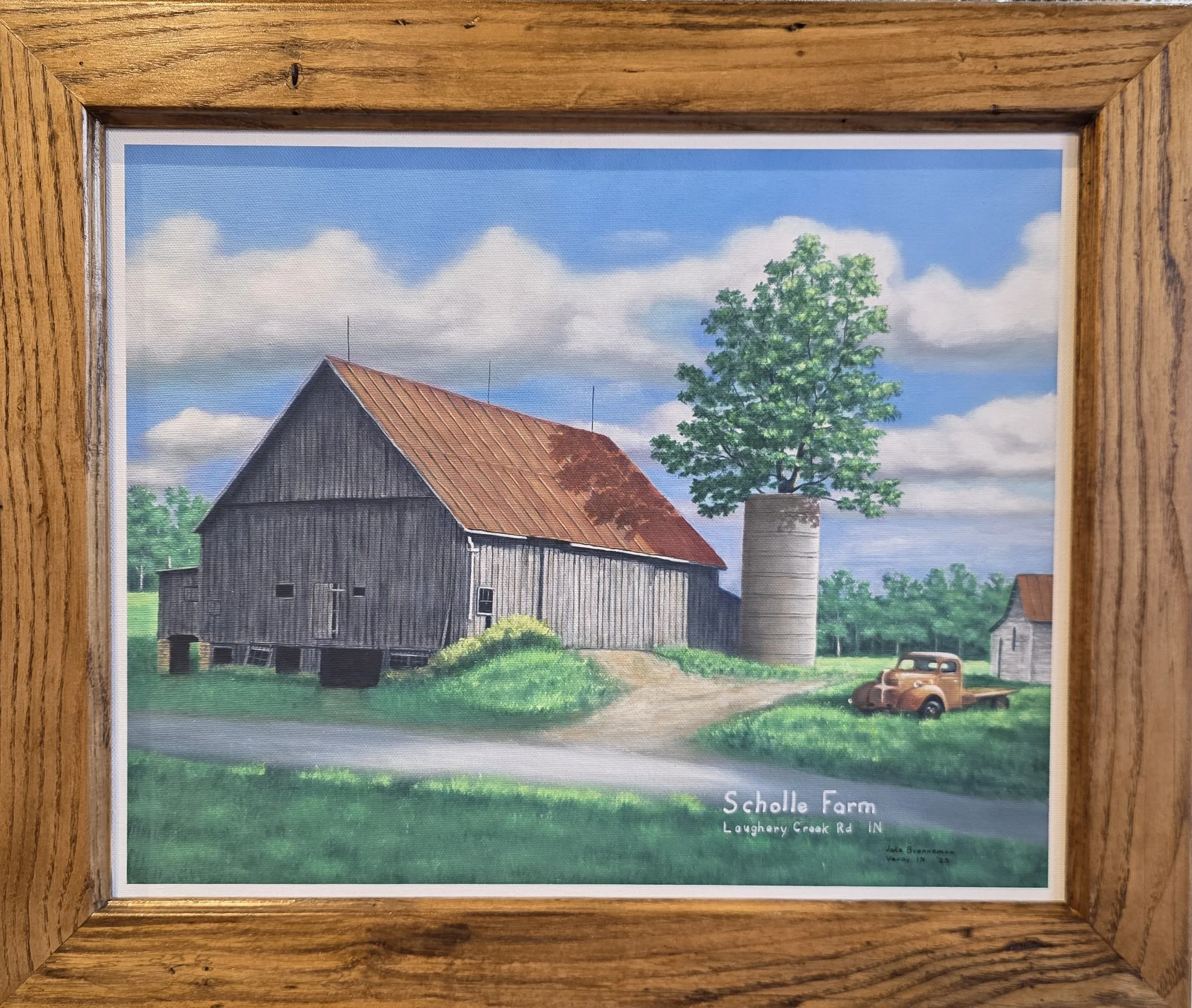 Painting of a farm scene with a barn, a silo with a tree on top, an old truck, and a dirt path, titled 'Scolle Farm, Loughery Creek Rd, IN'.