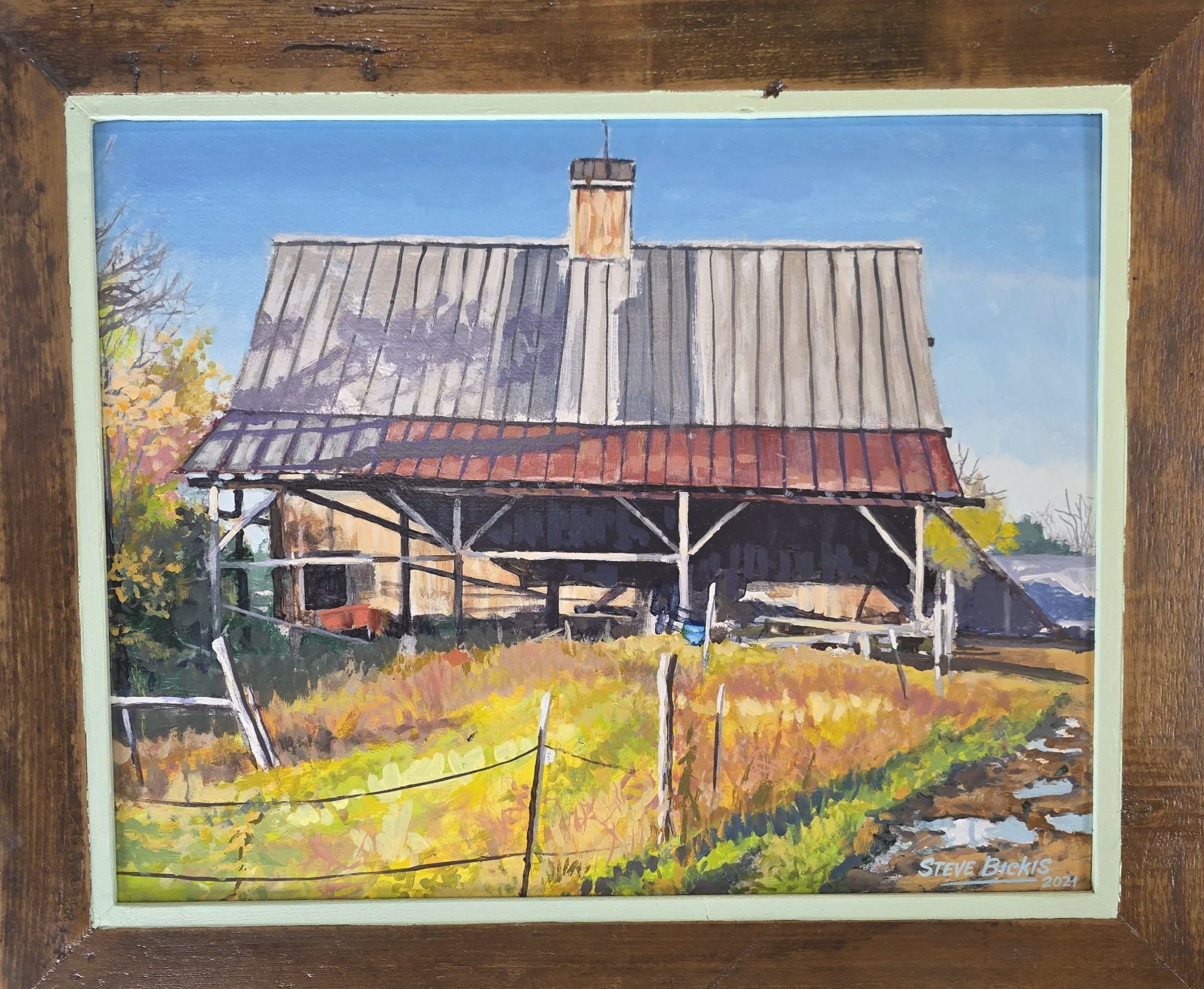Painting of an old wooden house with a metal roof, surrounded by grass and trees, under a clear blue sky.