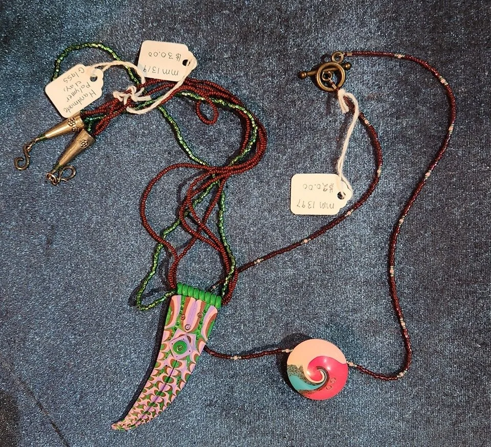 Colorful polymer clay jewelry created by artist Marty McGraw,  located at the Community Art Center of Switzerland County in Vevay, Indiana