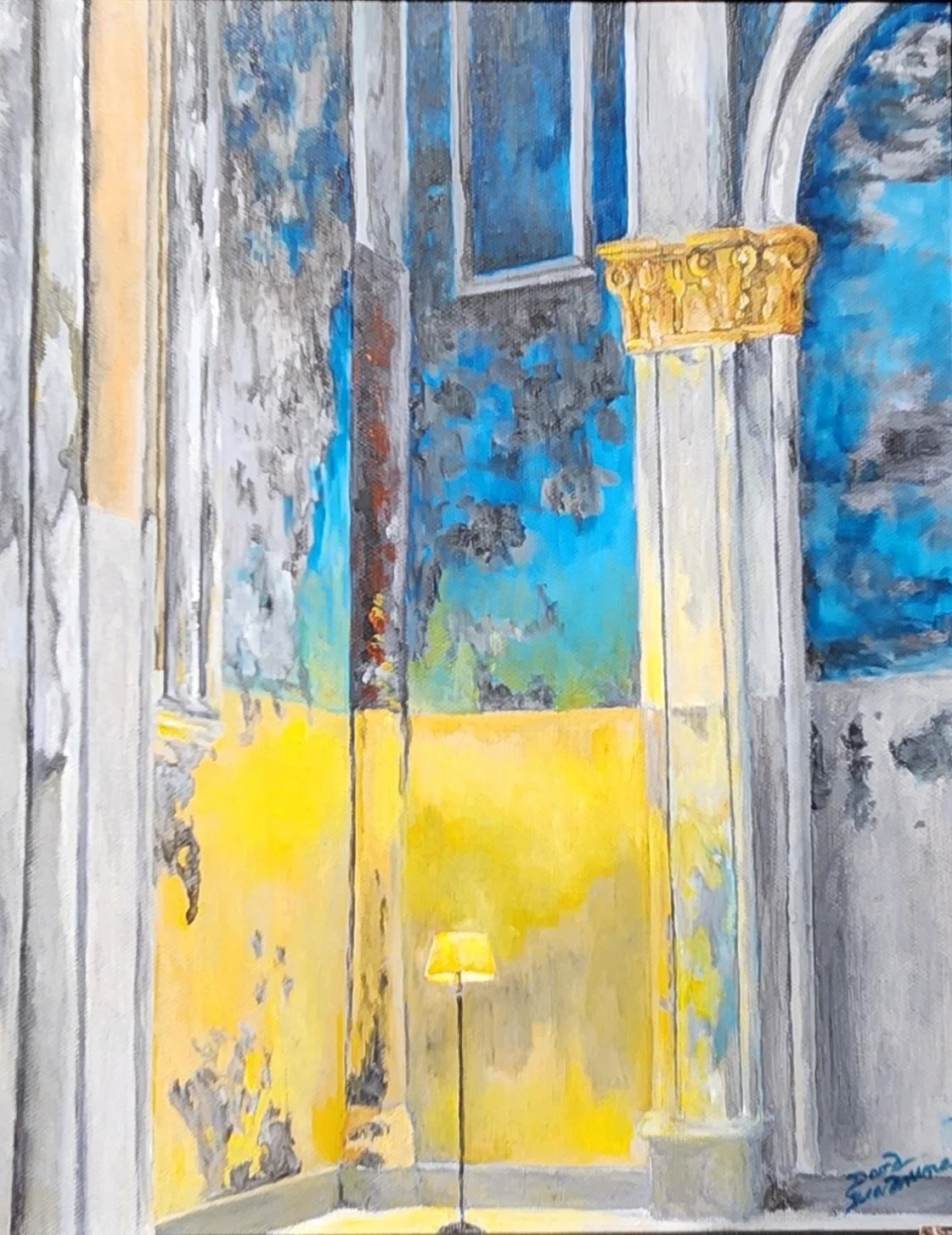 Painting of an open door with a yellow door frame, a yellow wall, a lamp, and blue trees outside.