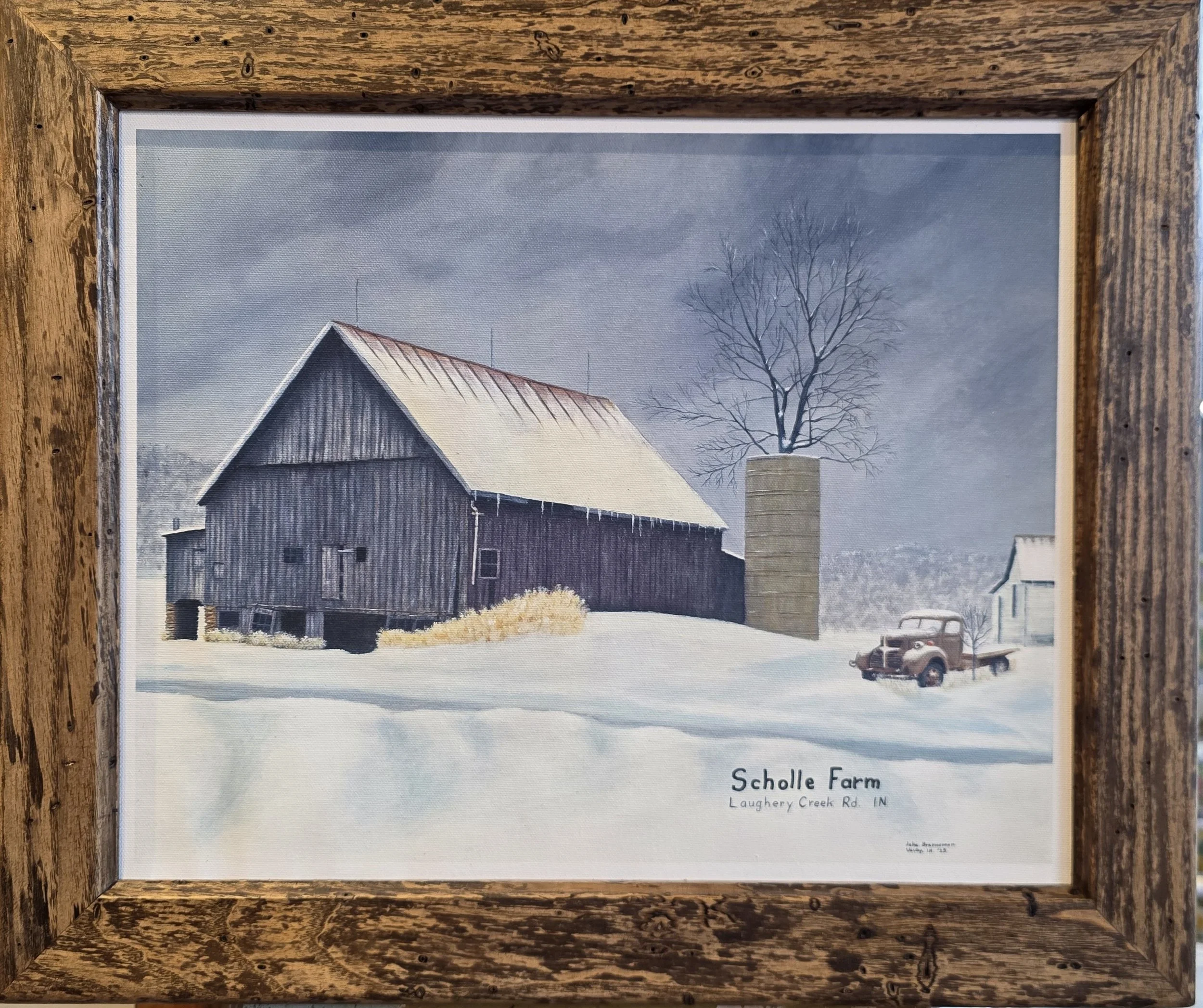 A painting of a barn and a vintage truck in a snowy landscape with a cloudy sky, a leafless tree, and a small building nearby, titled 'Scholle Farm' on Laughery Creek Rd, IN.