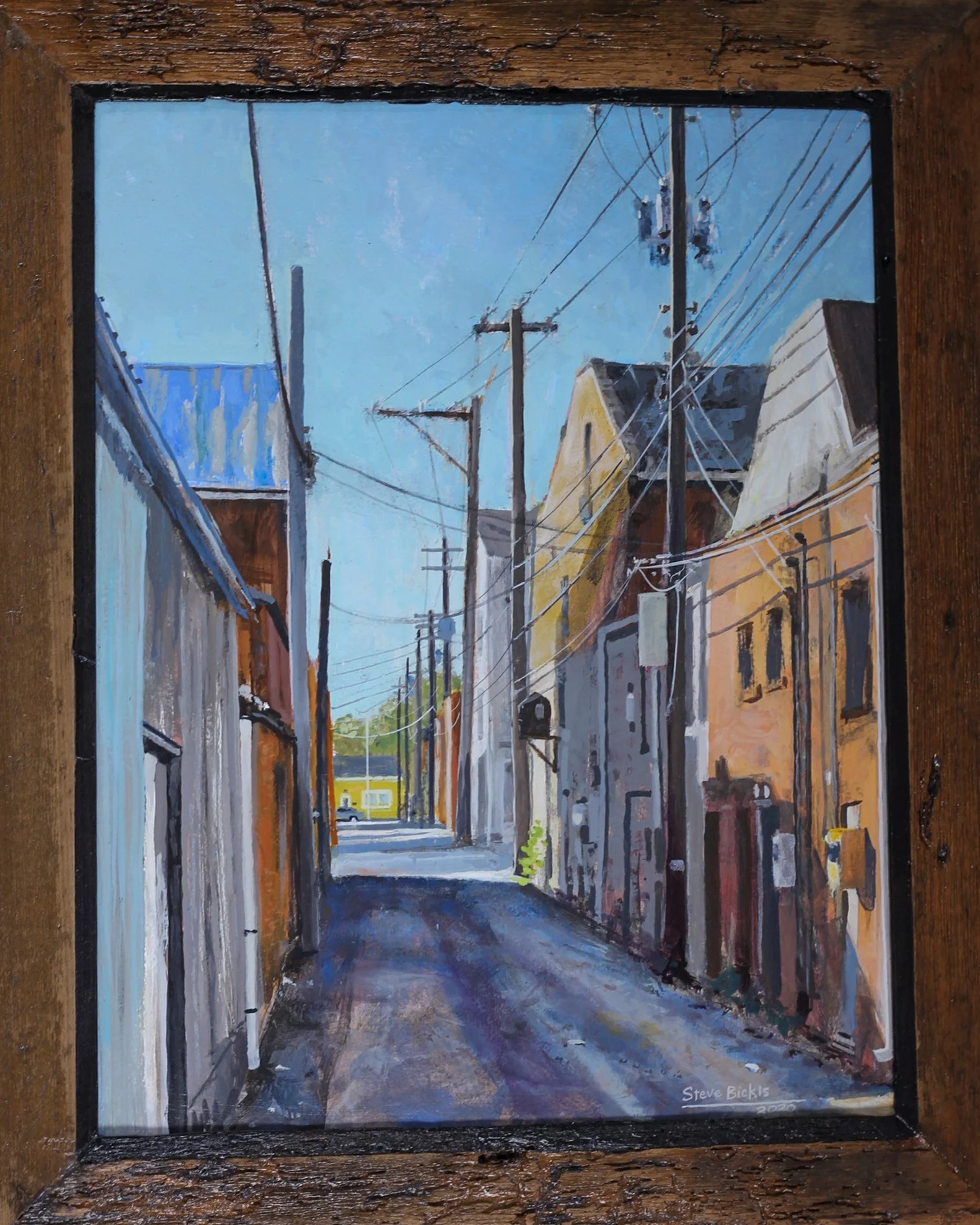 Painting of a narrow alleyway with buildings, telephone poles, and power lines under a blue sky.