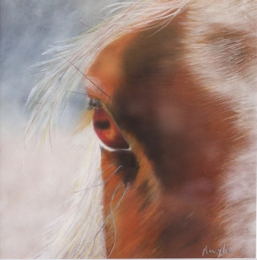 Close-up painting of a cat's ear with orange and white fur, detailed with soft brushstrokes.