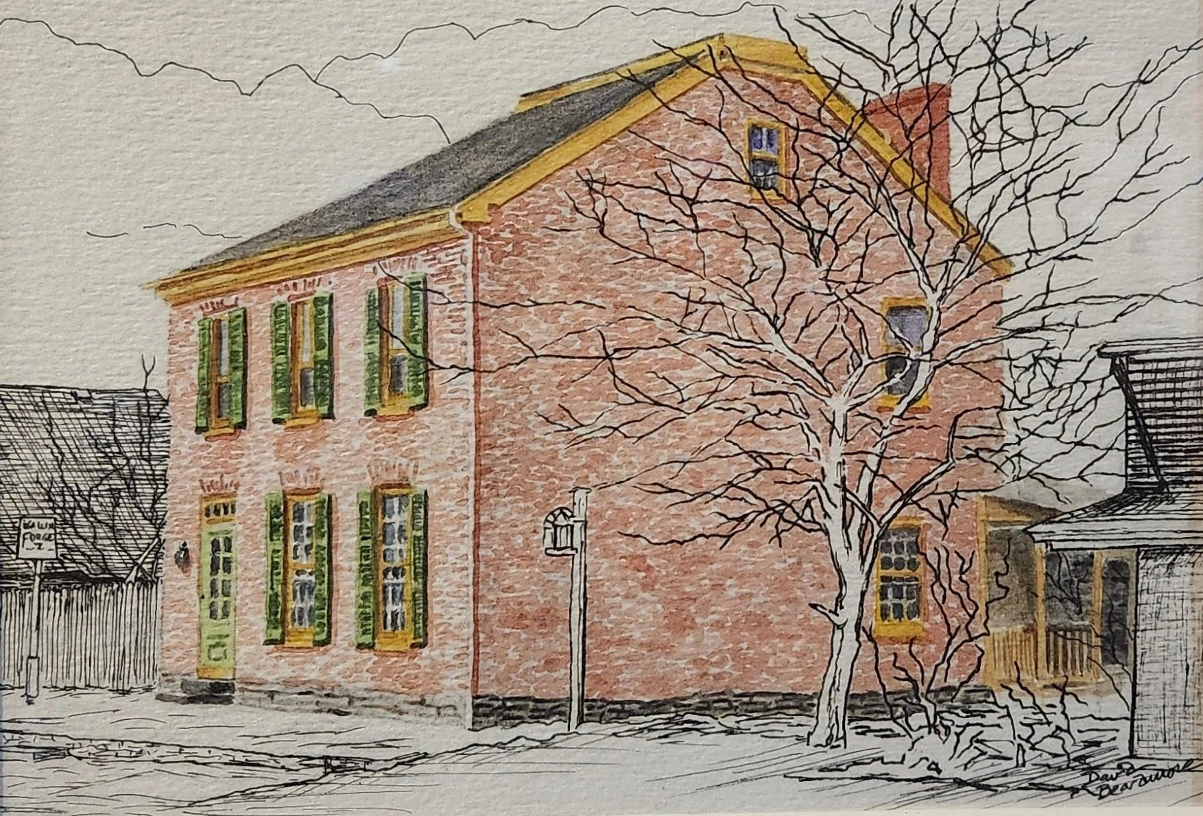 Painting of a brick house with green shutters, a leafless tree in front, and neighboring structures, with a cloudy sky in the background.