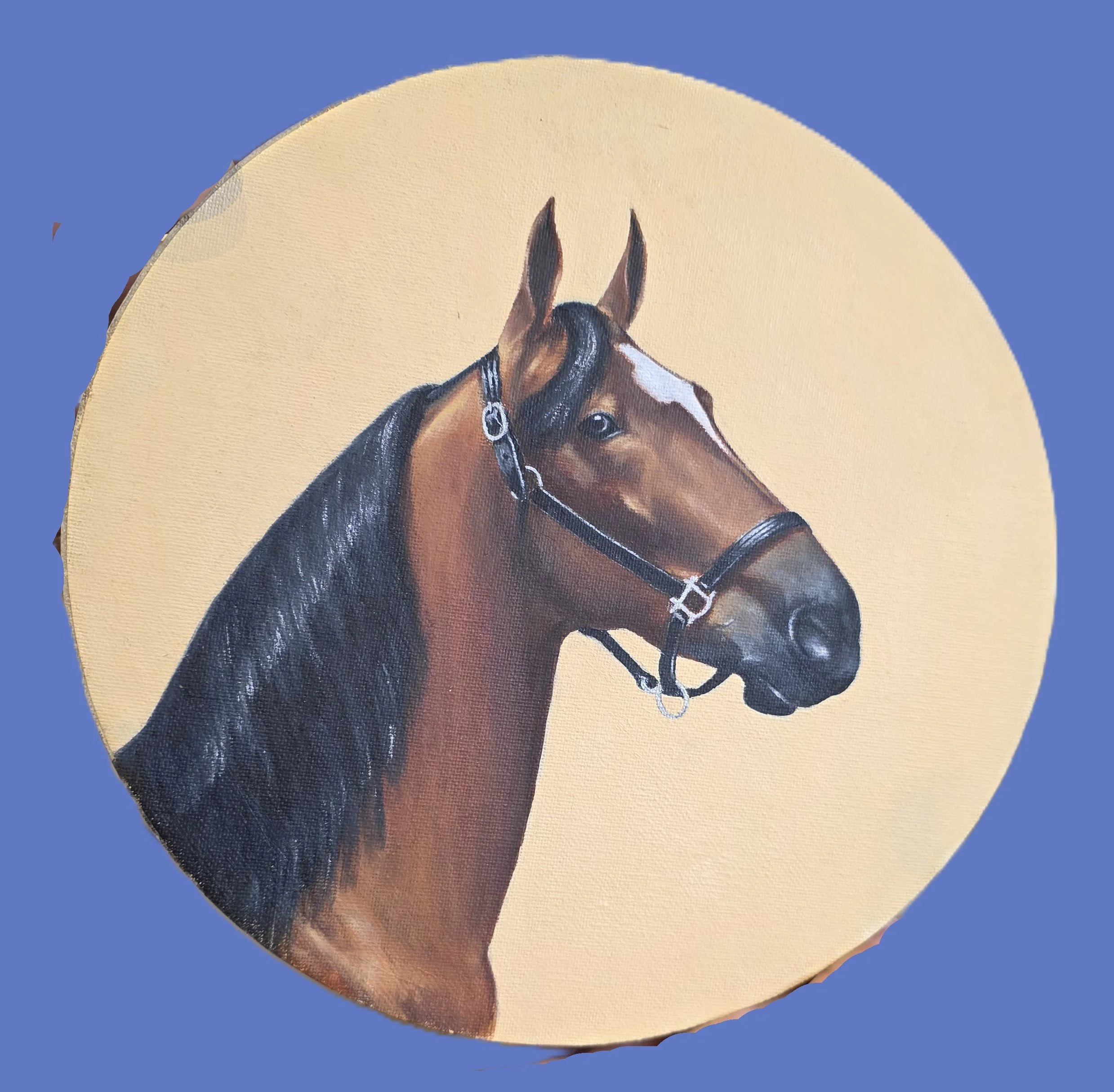 Painting of a brown horse with a white stripe on its face and a black mane, wearing a bridle, against a beige circular background.