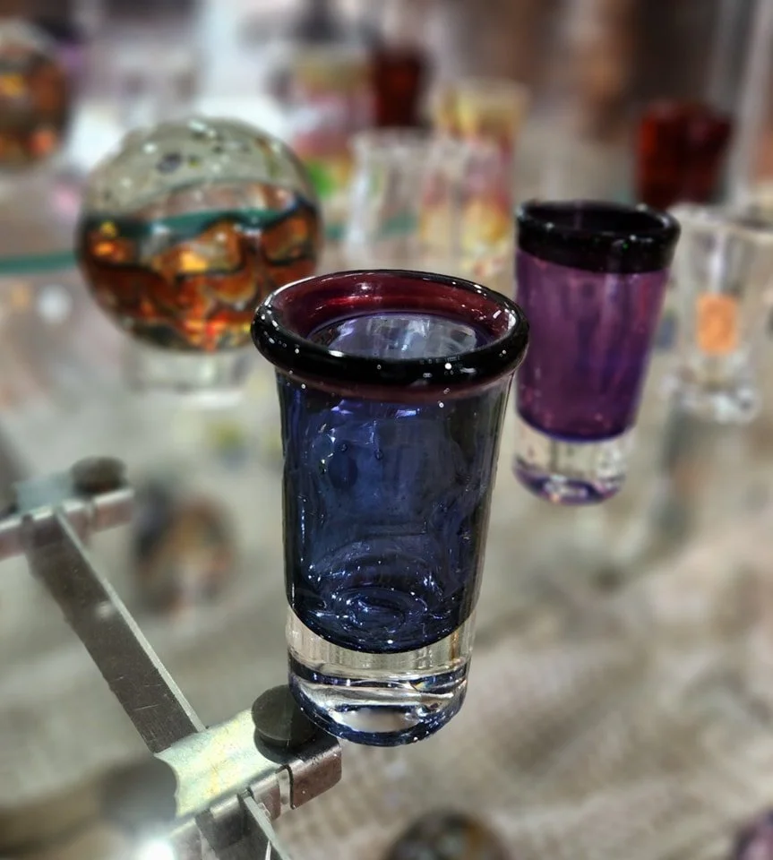 Colorful glassware created by glass artist Seth Bickis, located at the Community Art Center of Switzerland County in Vevay, Indiana