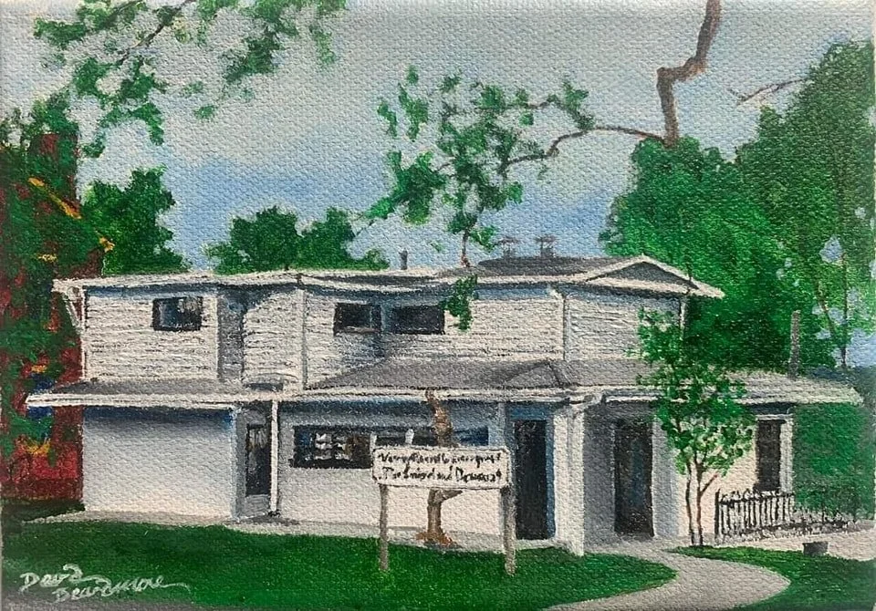Watercolor painting of a two-story house with trees and a sidewalk in front.