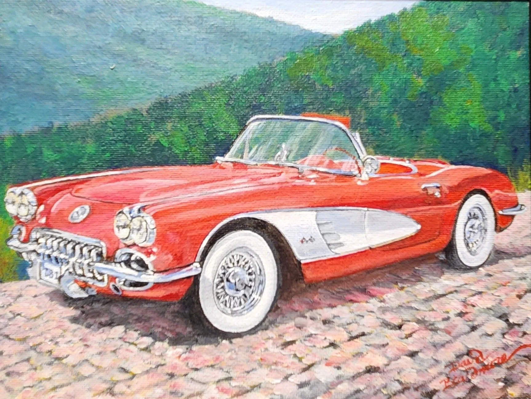 A painting of a vintage red and white convertible sports car parked on a cobblestone road with green foliage and mountains in the background.