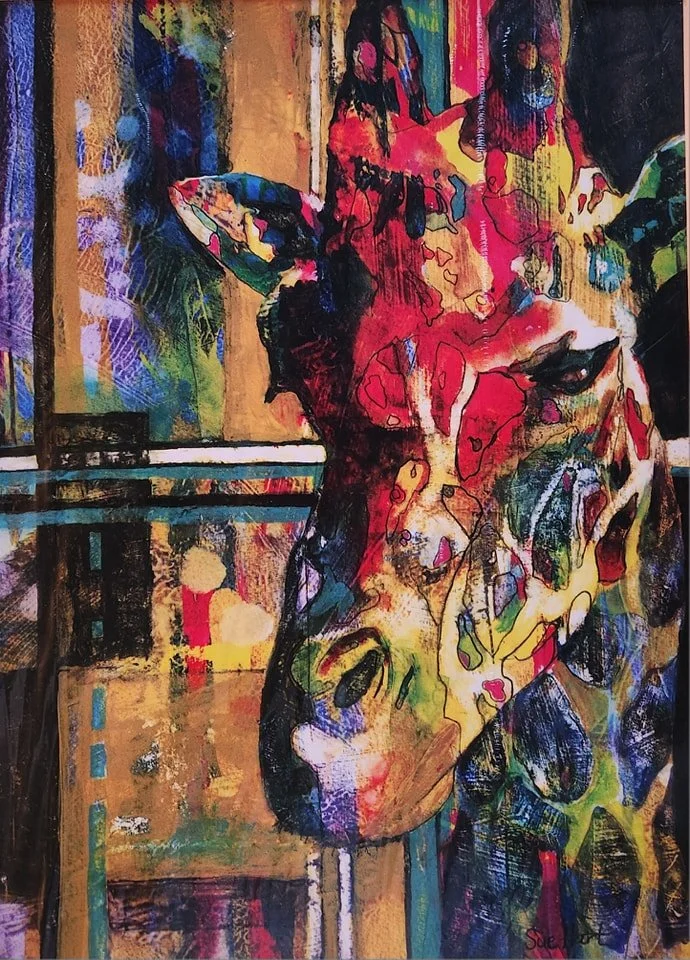 Abstract watercolor portrait of a woman with long black hair, her face partly hidden, using vibrant reds, blues, yellows, and greens.