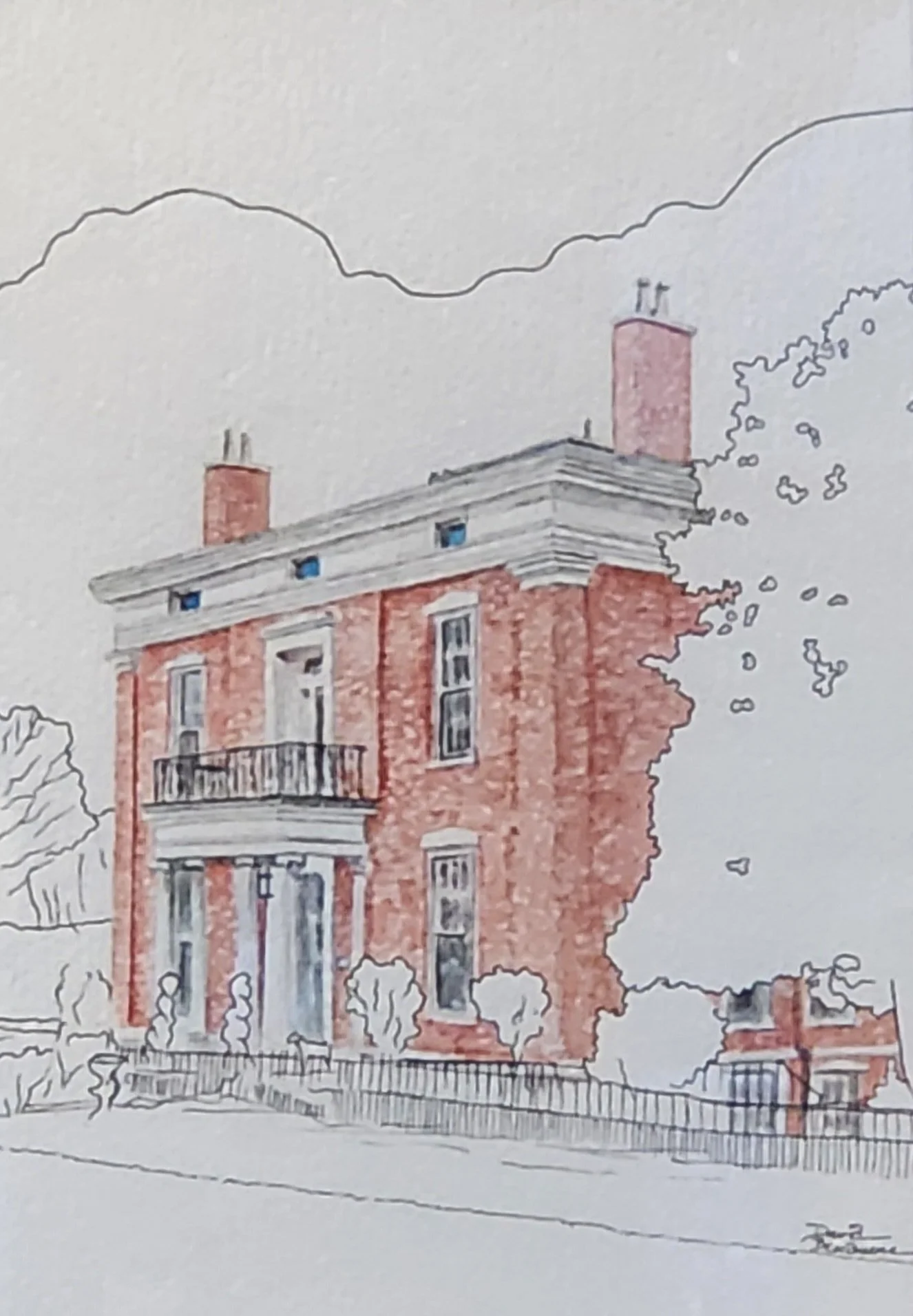 A detailed watercolor drawing of a three-story brick house with a balcony, surrounded by trees and a fence, with a cloudy sky in the background.