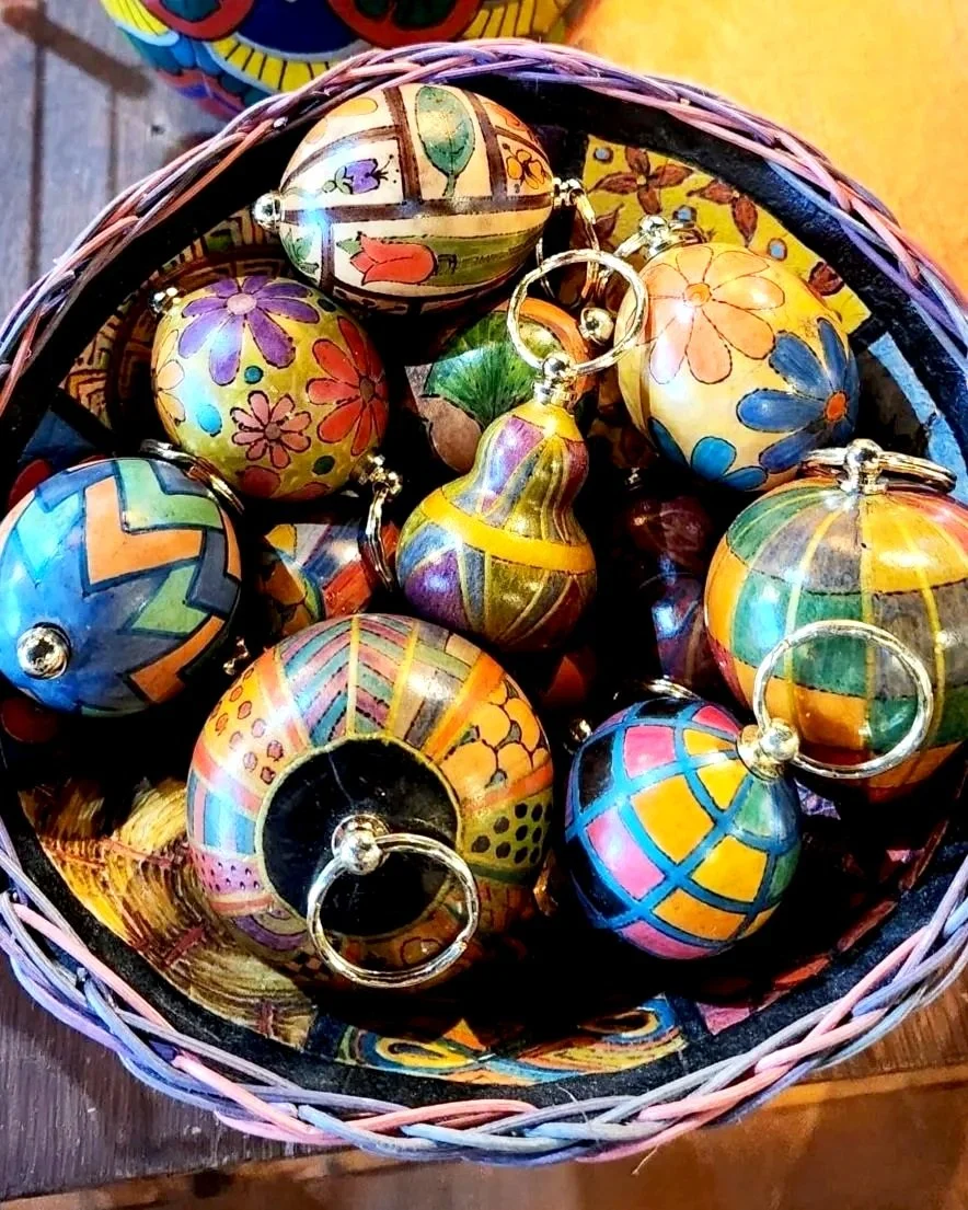 Colorful hand-painted Easter egg ornaments in a basket.
