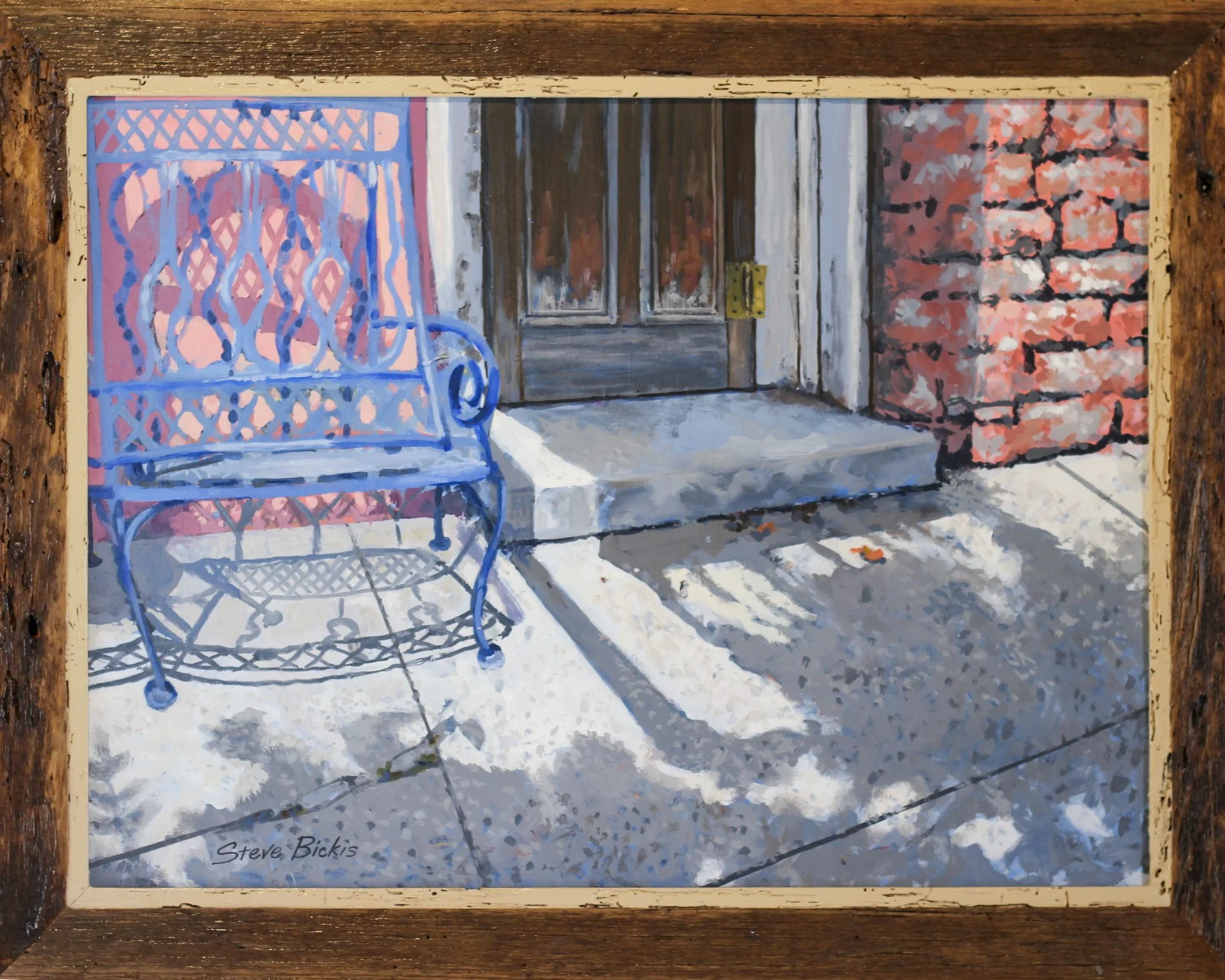 Painting of a blue metal bench on a concrete porch in front of a wooden door with a brass hinge, and a brick wall to the right. Shadows cast on the ground.