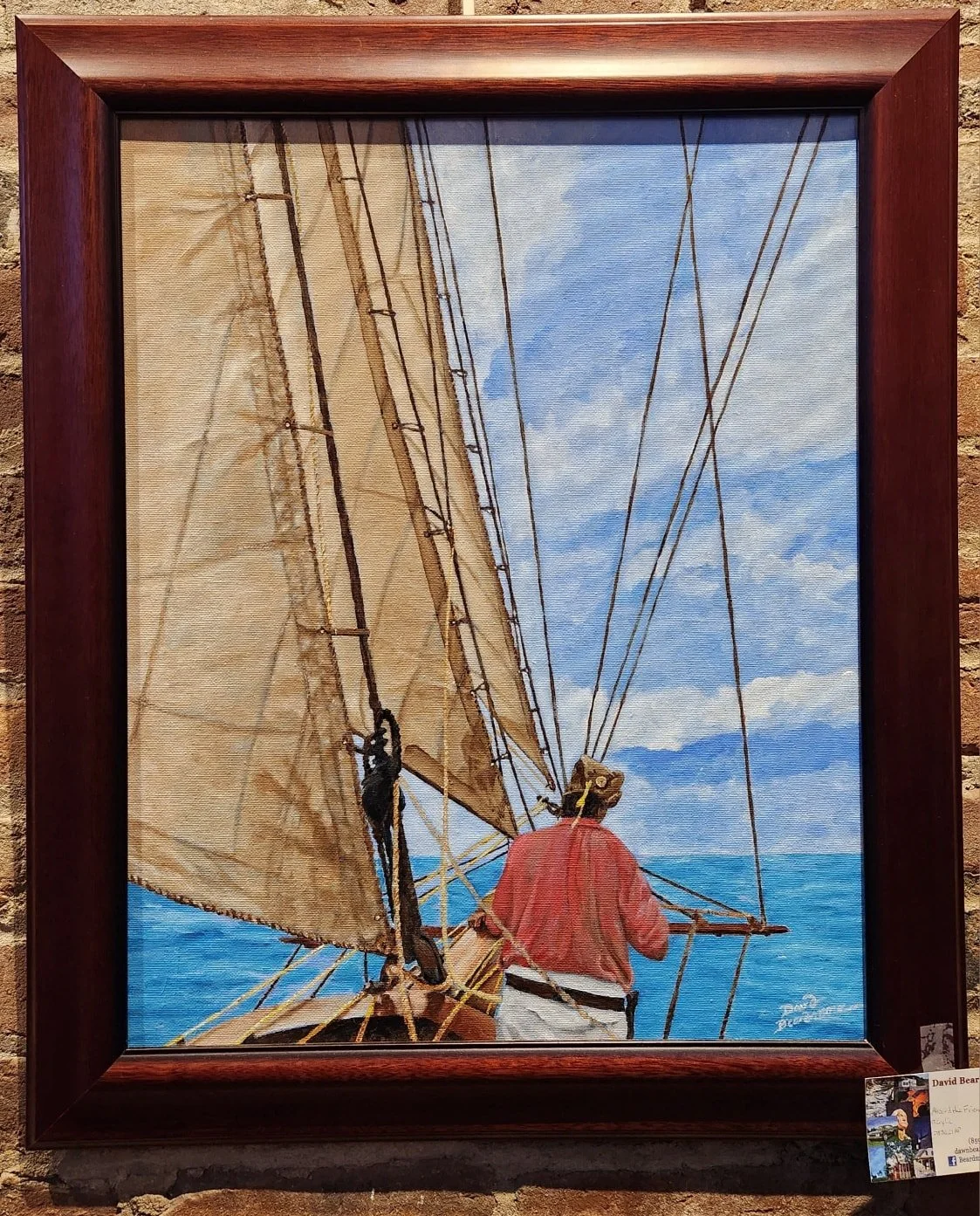 Painting of a person on a sailboat at sea, with visible sails, rigging, and blue sky with clouds in the background.