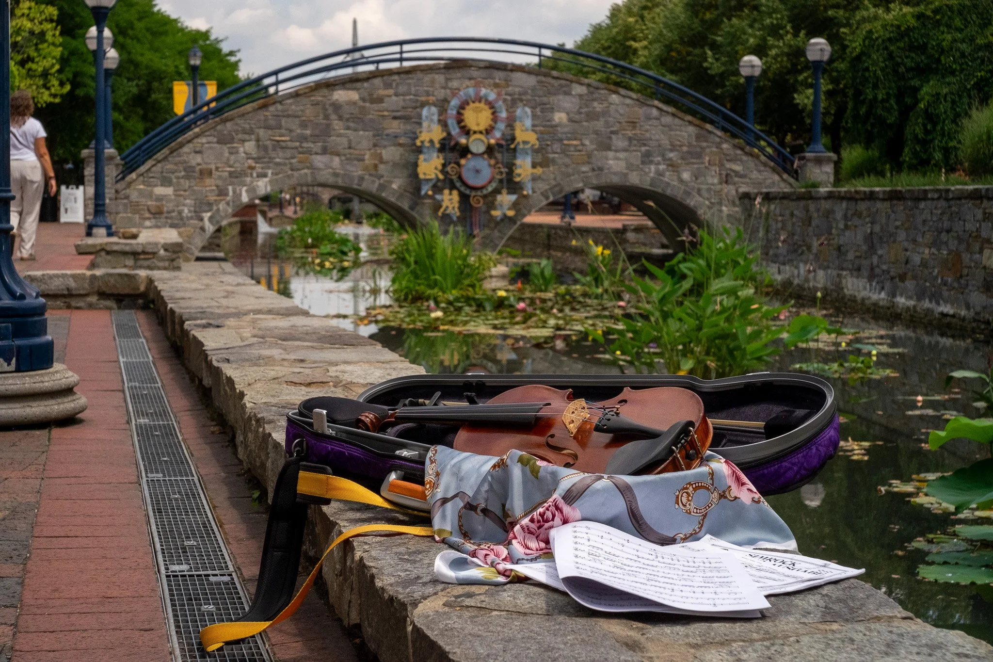 A small stone bridge crosses over a pond with water lilies. An open violin case holds a violin, a bow, and a sheet of music, placed near the water's edge. The background features green trees and a cloudy sky.