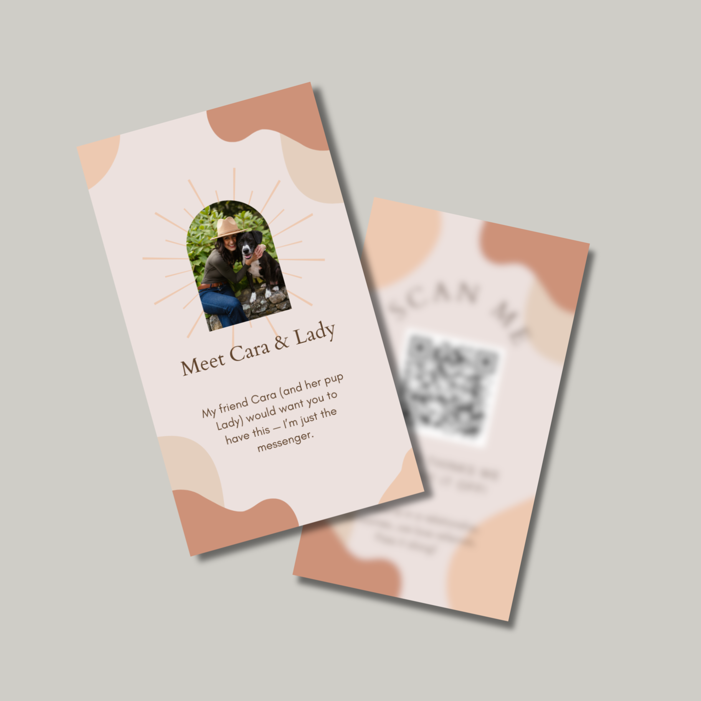 Personalized introduction card featuring a woman with a dog, with a title "Meet Cara & Lady" and a description about Cara and her pup Lady, with a pink and beige abstract background and a photo of the woman and dog