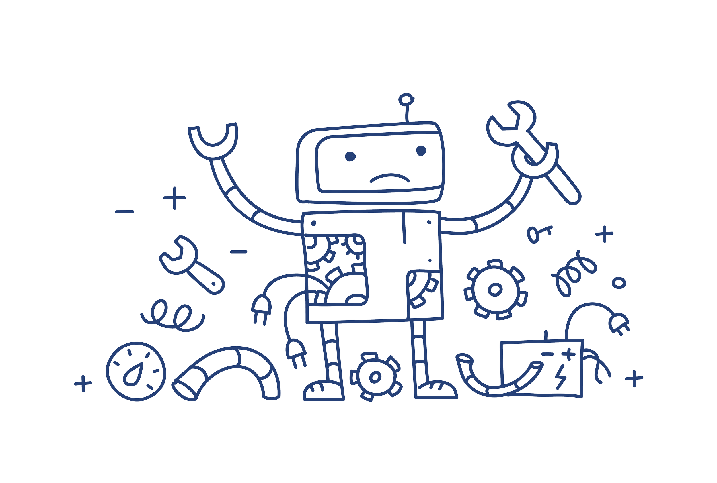 A line drawing of a robot holding a wrench and a screwdriver, surrounded by gears, a clock, and mechanical elements.