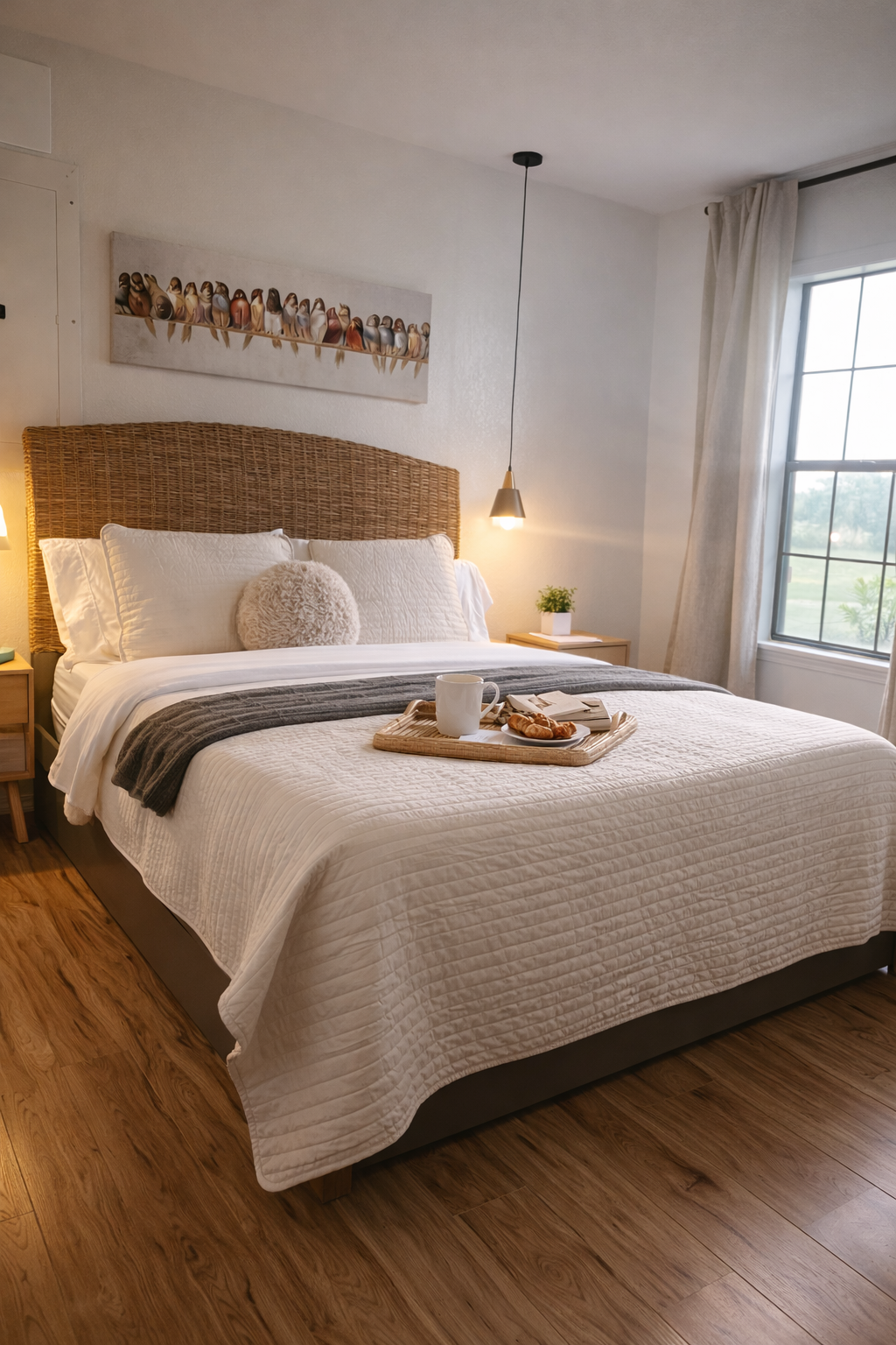 A cozy bedroom with a large bed, white quilt, gray throw, and a round pillow. There is a tray with a mug, croissants, and a book on the bed. Two wooden nightstands with lamps and a window with white curtains are visible.