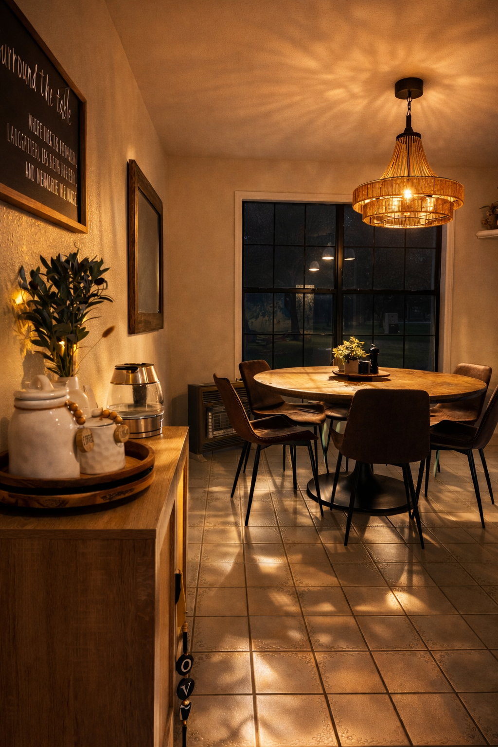A cozy dining room illuminated by a warm chandelier, featuring a round wooden table with six chairs, a large window showing an evening scene outside, and a sideboard with decorative jars and plants.