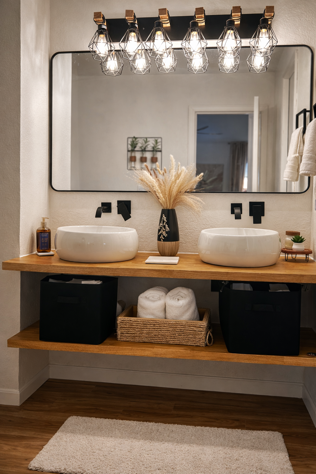 A modern bathroom vanity with two vessel sinks, a large mirror, and decorative items including a black vase with dried pampas grass, soap dispenser, small plant, and rolled towels underneath. The lighting fixture above has multiple exposed bulbs with