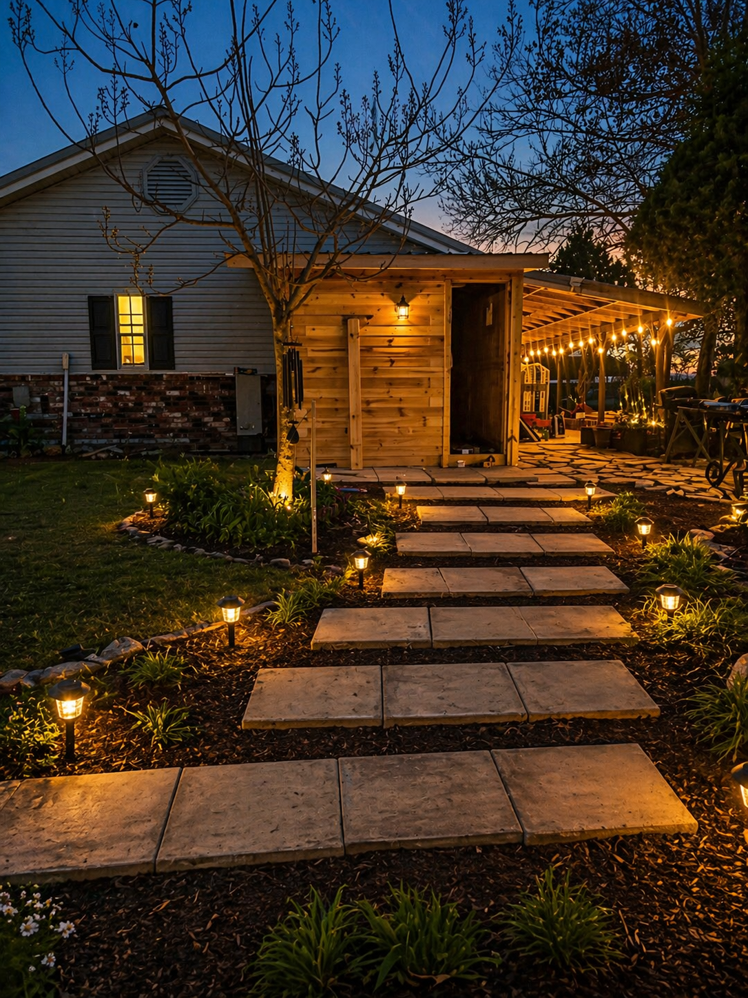 A backyard patio at dusk with a stone pathway lit by small garden lights. The patio area has string lights and a wooden structure, possibly a shed, with a small lamp on it. Trees with no leaves surround the scene, and the house in the background has 
