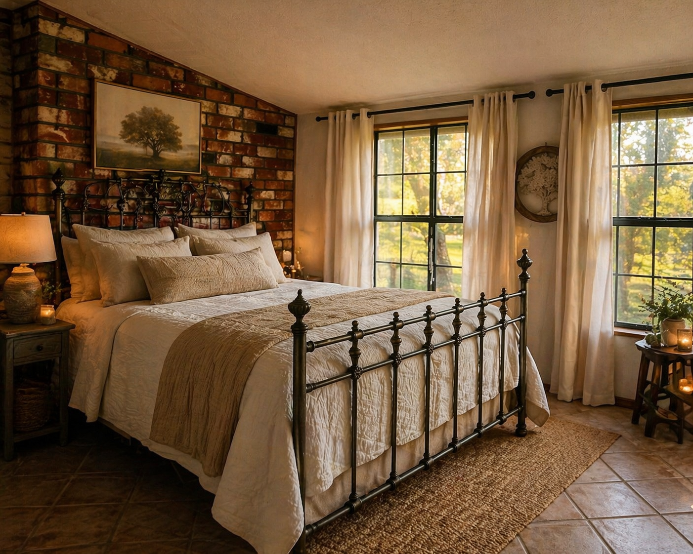 Cozy bedroom with a metal bed frame, beige bedding, and cream-colored curtains on large windows, decorated with a painting of a tree and a round wall hanging.